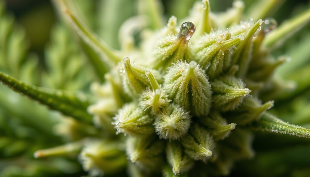 cannabis trichome close-up for harvest timing